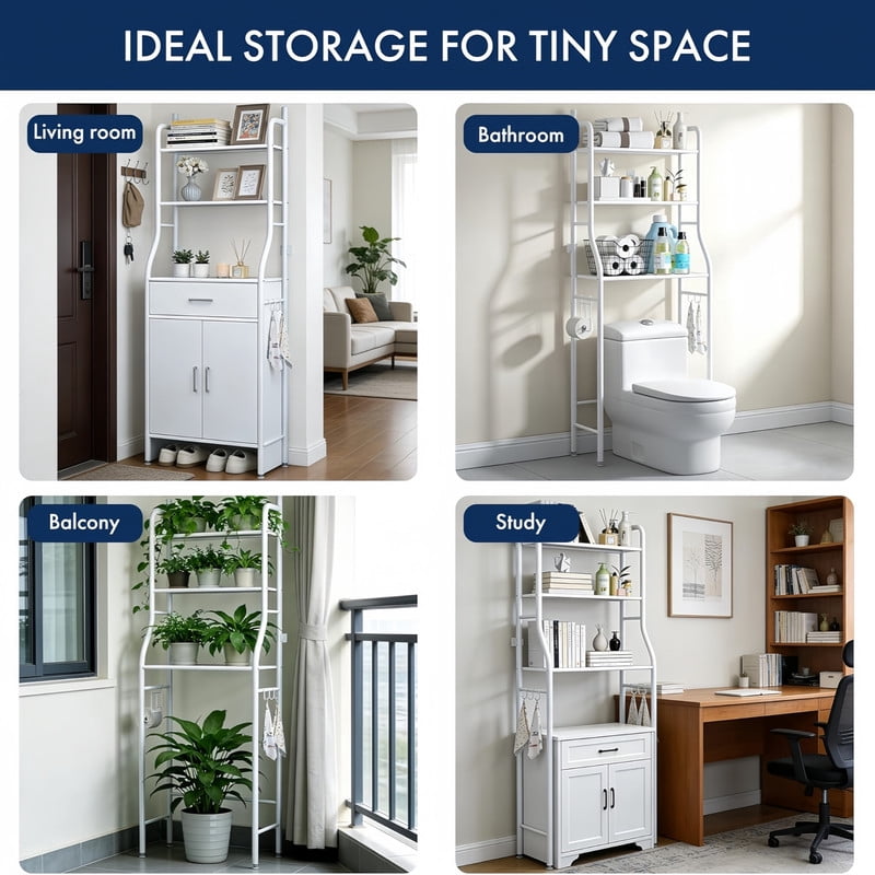 61.02"H Over-Toilet Storage Metal Rack with Shelf & Hooks, Bathroom Storage Shelf Unit Organizer with Paper Holder