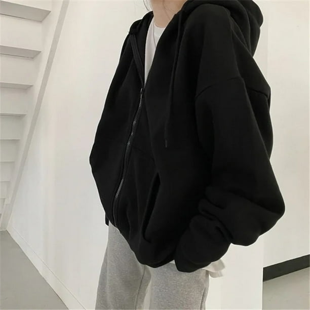 Sudaderas con capucha de Color sólido con cremallera y bolsillo para mujer, sudaderas coreanas Harajuku de gran tamaño, ropa informal con capucha de manga larga para mujer, Top informal