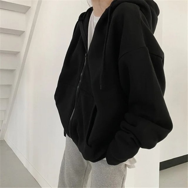 Sudaderas con capucha de Color sólido con cremallera y bolsillo para mujer, sudaderas coreanas Harajuku de gran tamaño, ropa informal con capucha de manga larga para mujer, Top informal
