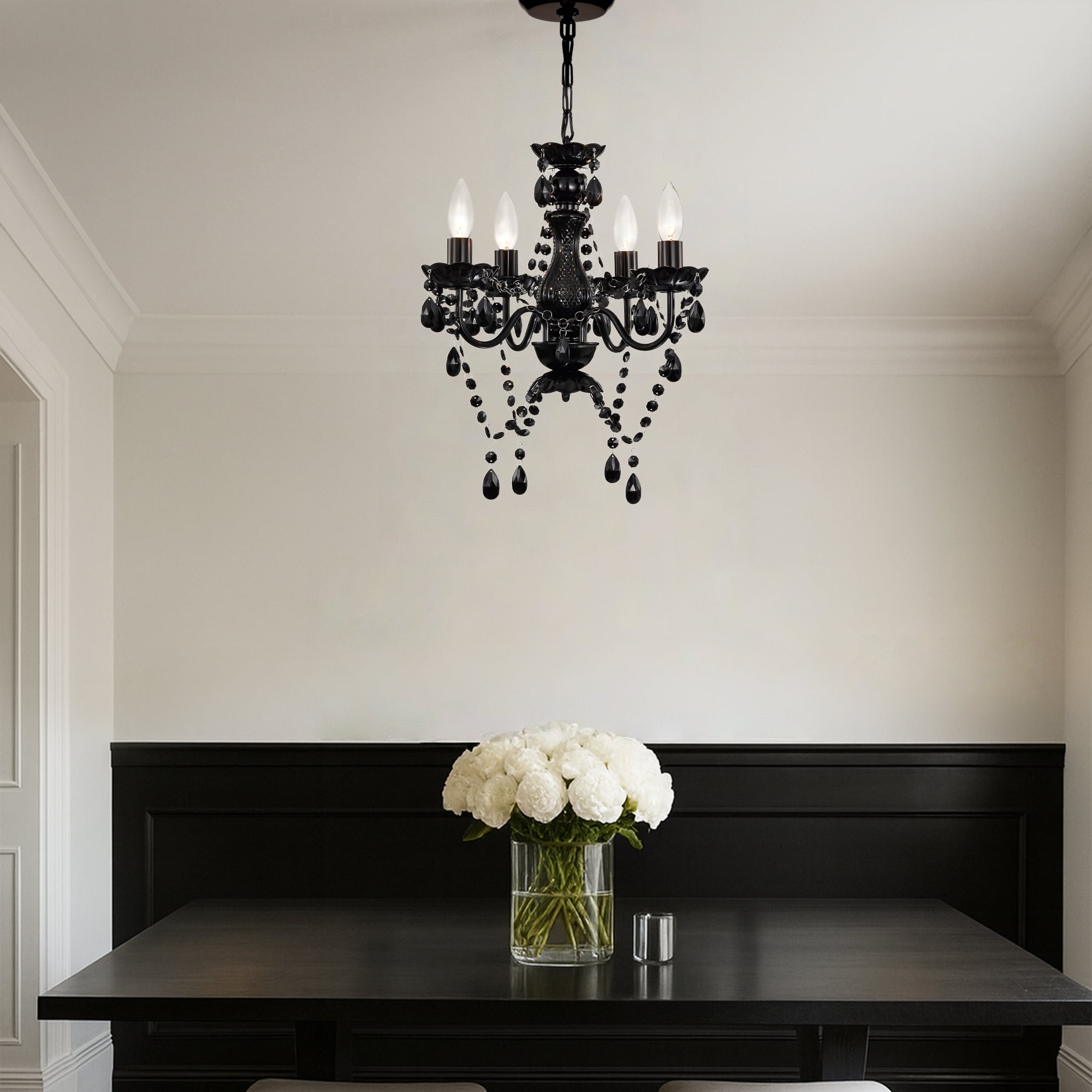 Small Crystal Chandelier Ceiling Lights Black 4-Light Fixture For Bedroom Dining Room