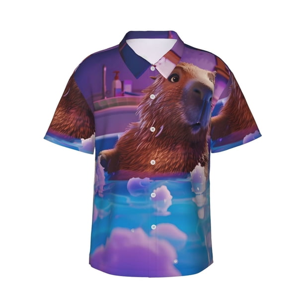 Fotbe Capybara Bathtub Fun Camisa Hawaiana para Hombre Unisex – Camisa Casual de Verano con Botones de Manga Corta de Algodón y Lino,Medium