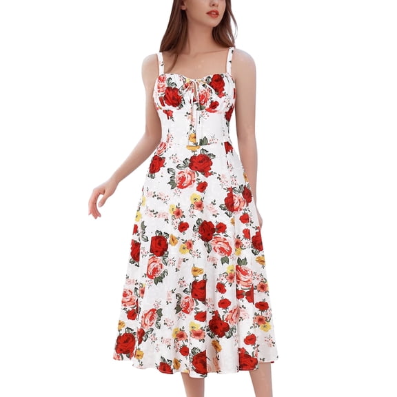 IDOPIP Women Floral Corset Spaghetti Strap Casual Sundress 2026 Summer Square Neck Boho Flowy Midi Slit Dress