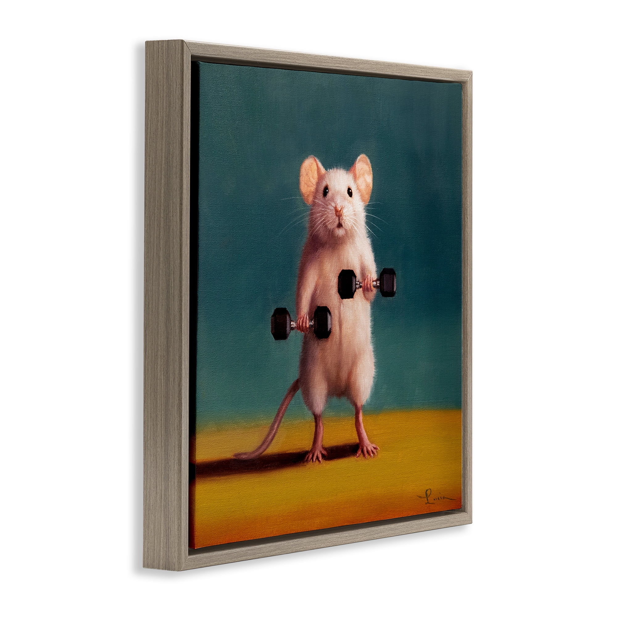 Stupell Industries Weight Lifting Mouse Animals Painting Brown Floater Framed Canvas Art Print Wall Art, 18 x 18
