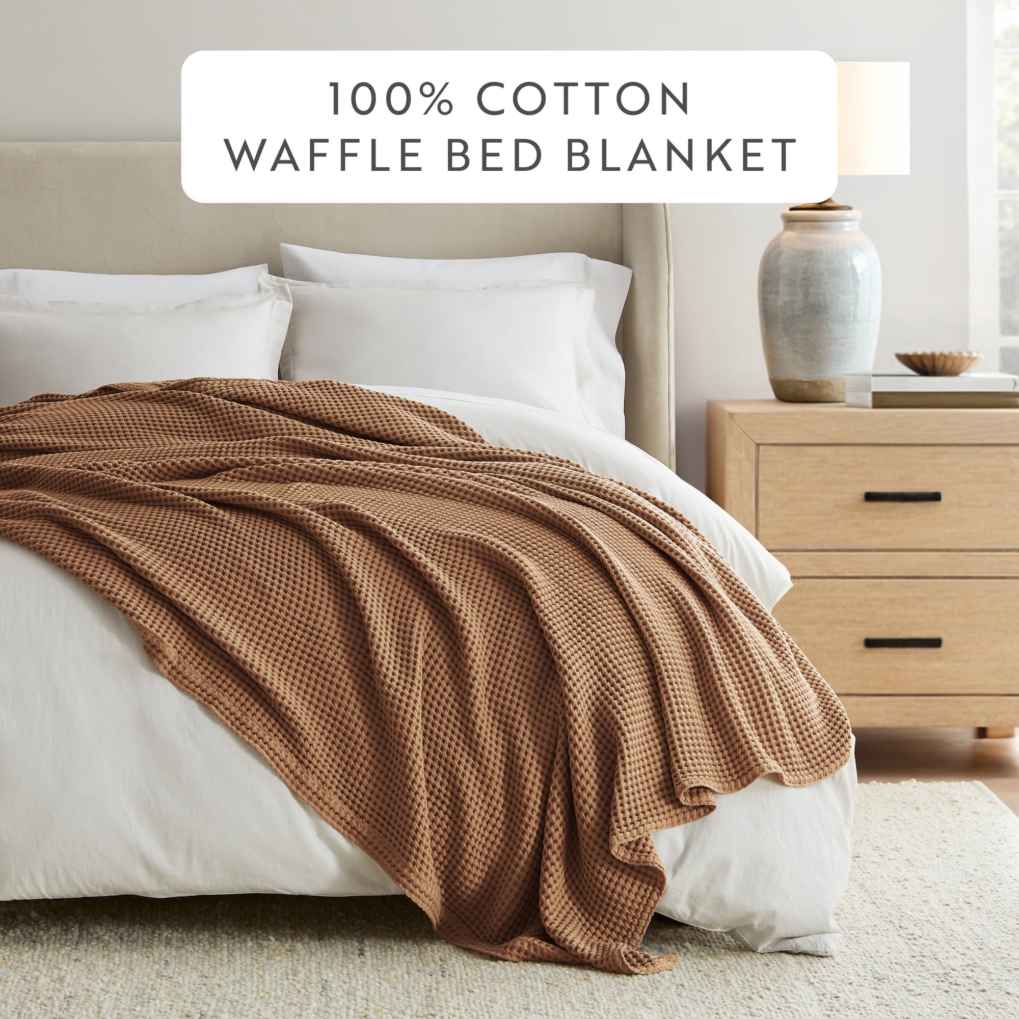 Noble Linens 100% Cotton Waffle Texture Bed Blanket, Mocha, Full/Queen