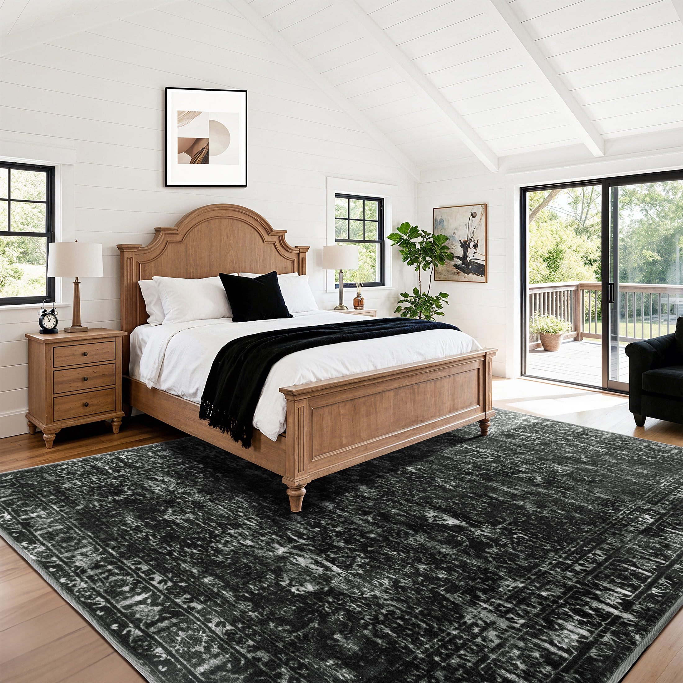 SORONO KATE 9'x12' Floral Area Rugs for Living Room, Machine Washable Oriental Vintage Distressed Non Slip Soft Indoor Area Carpet, Black