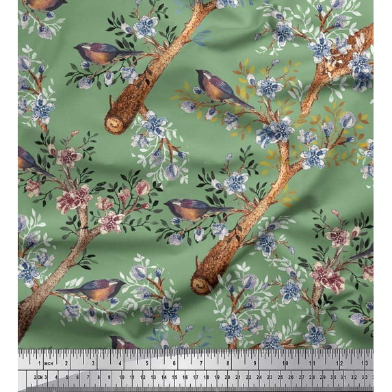 Soimoi Green Viscose Chiffon Fabric Blue Floral & American Robin Bird Fabric Prints by Yard 42 Inch Wide