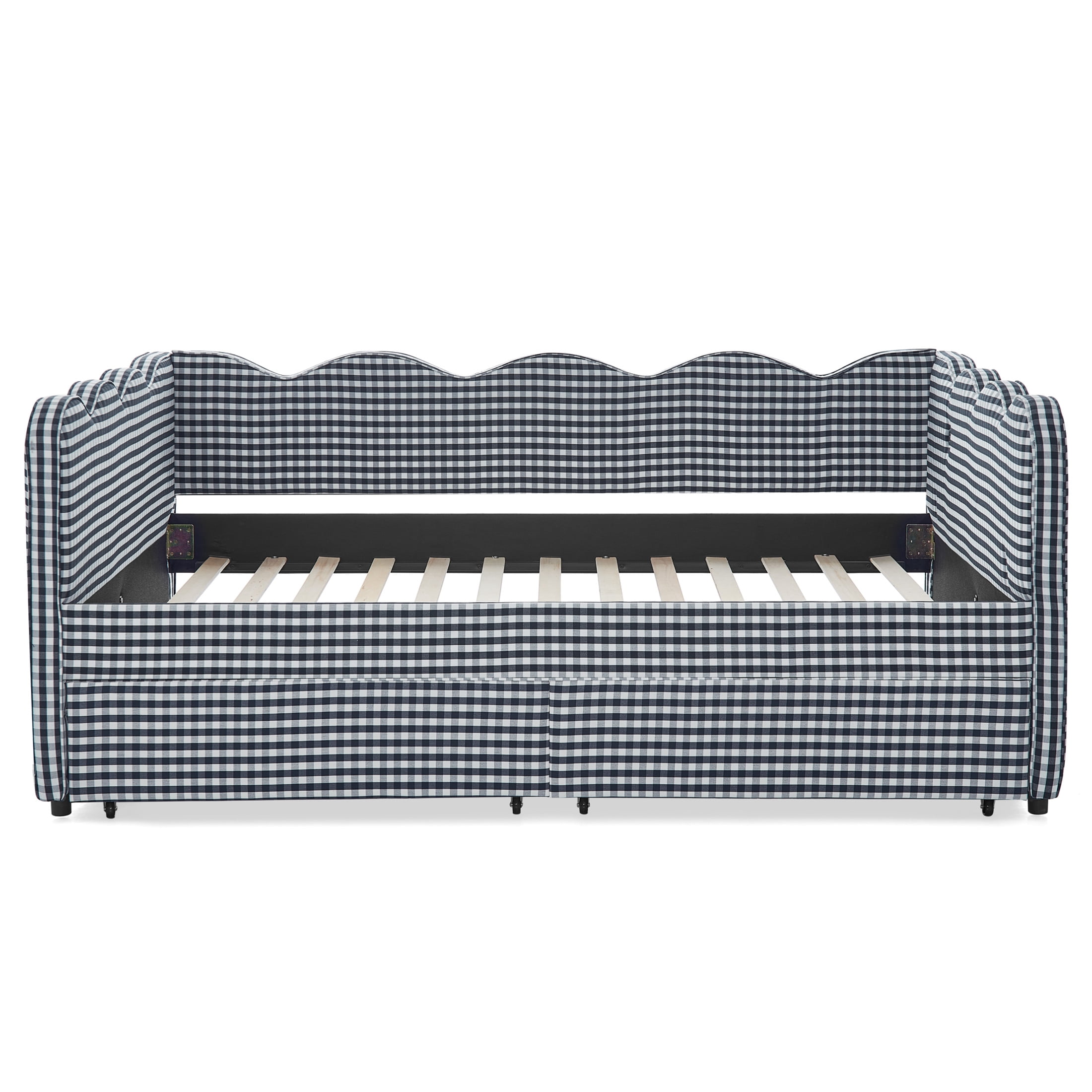 Noble House Corlan Full Size Waved Daybed, Cozy Gingham Linen Sofa Bed with Storage Drawers and Charging Port, Navy Blue