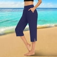 thumbnail image 6 of Wutalume Women's High Waist Side Slit Capri Pants with Pockets Elastic Wide Leg Casual Loose Fit Summer Beach Trousers,Navy L, 6 of 6