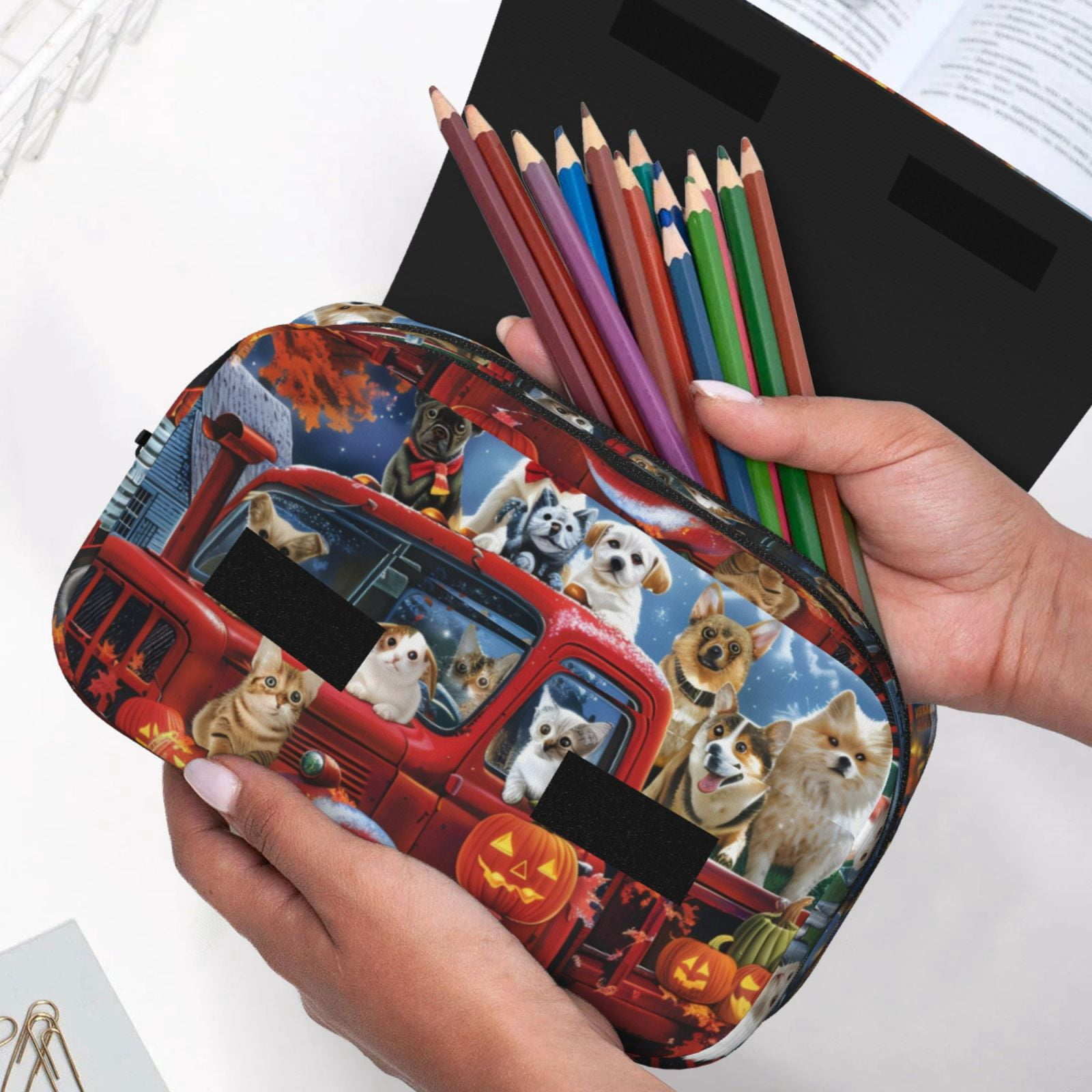 Rateoe Halloween Pets Pumpkins Pattern Double Clamshell Pen Case, Storage Organizer with Two Zipper Compartments– Holds Up to 50 Pencils & Pens