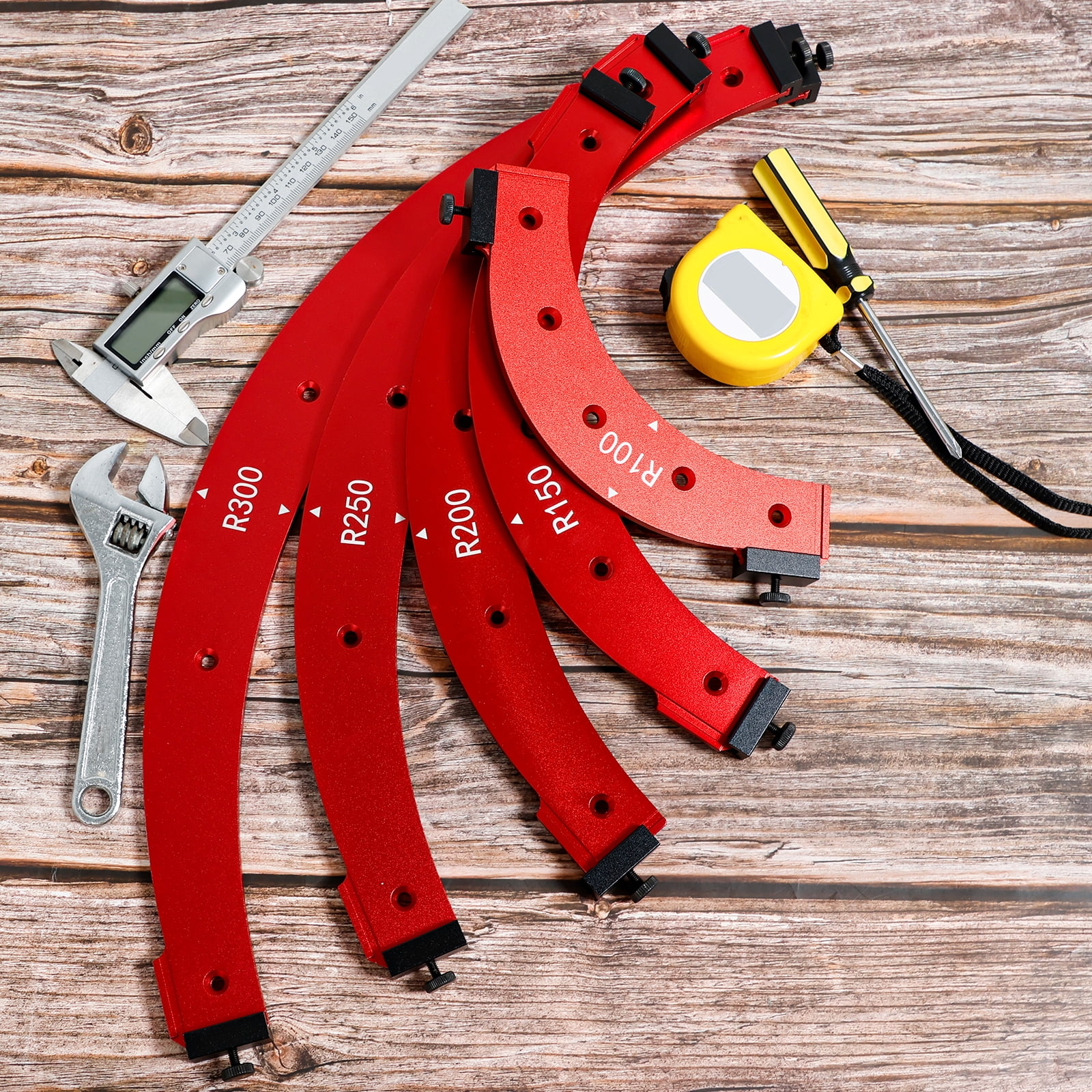 TMWEFUSC 5Pcs Round Corner Radius Template Aluminum Alloy Radius Jig Router Template Arc Angle Positioning Auxiliary Tool Portable Corner Radius Positioning Jig R100/R150/R200/R250/R300