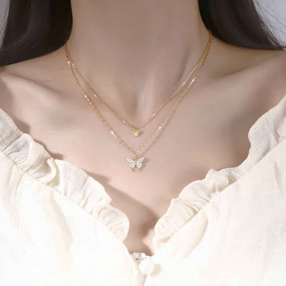 Butterfly Layered Necklace for Women, Gold Tone Double Layer CZ Butterfly Pendant Necklace, Korean Fashion Jewelry