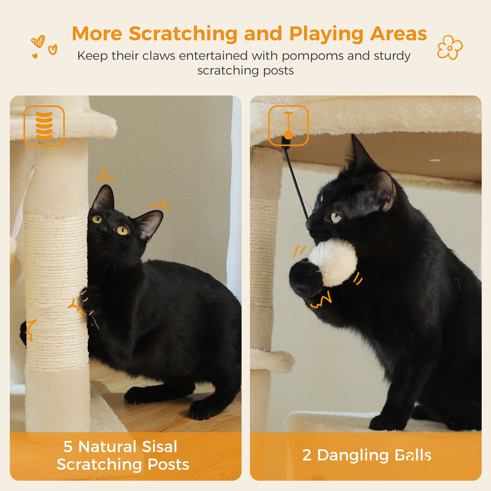 Pefilos 70" Tall Cat Tree Tower with Hammock, 5 Scratching Posts, 2 Condos and a Large Top Perches for Large Cats, Beige