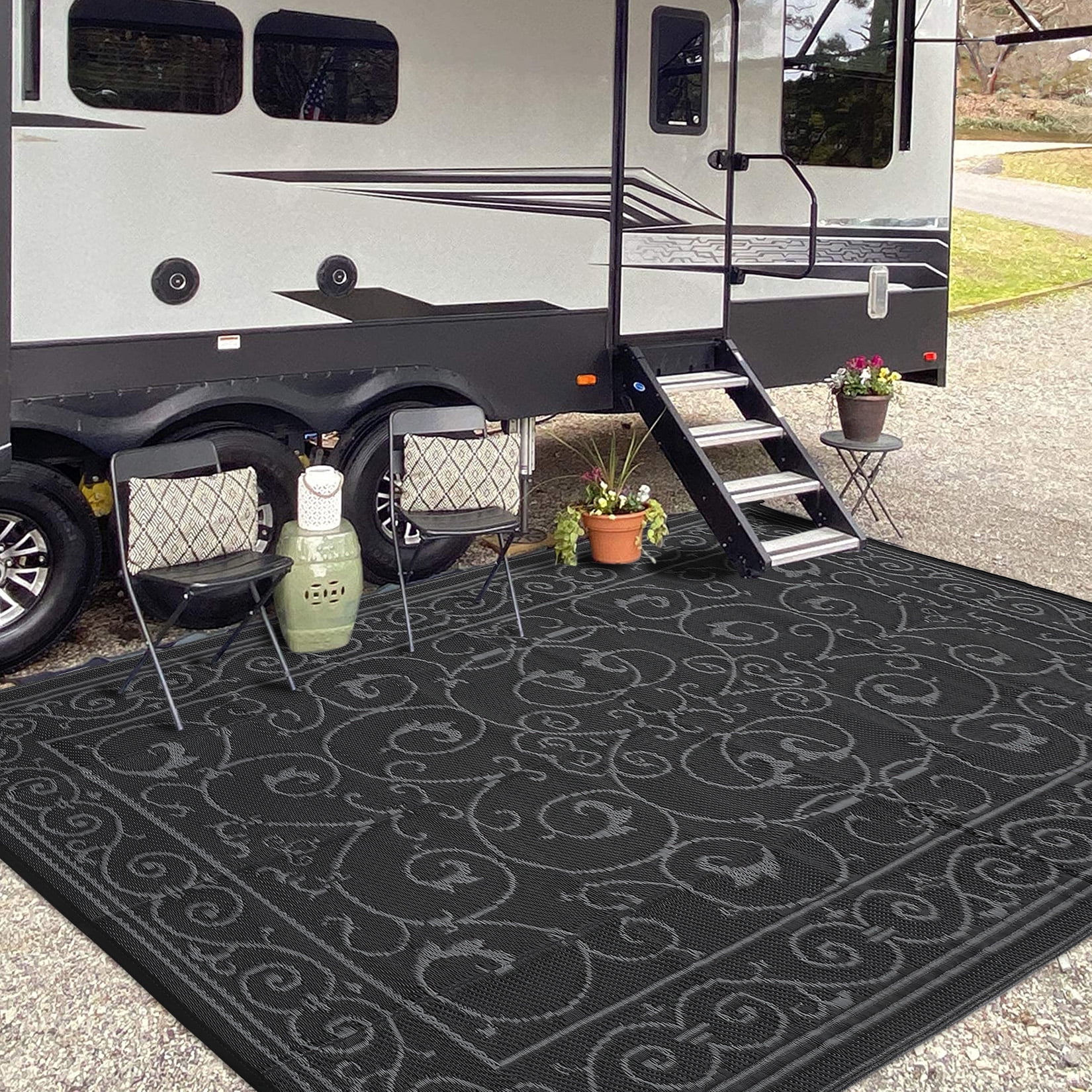 Nanan 8x10 Outdoor Rug, Reversible Waterproof Plastic Straw Patio Rug, Classic Vintage Style RV Camping Mat for Deck, Yard, Garden, Balcony, Poolside, Picnic, Black Grey