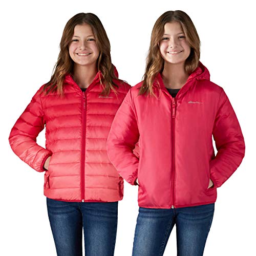 Eddie Bauer Girls Reversible Hooded Down Jacket (Pink Ombre/Red, Large