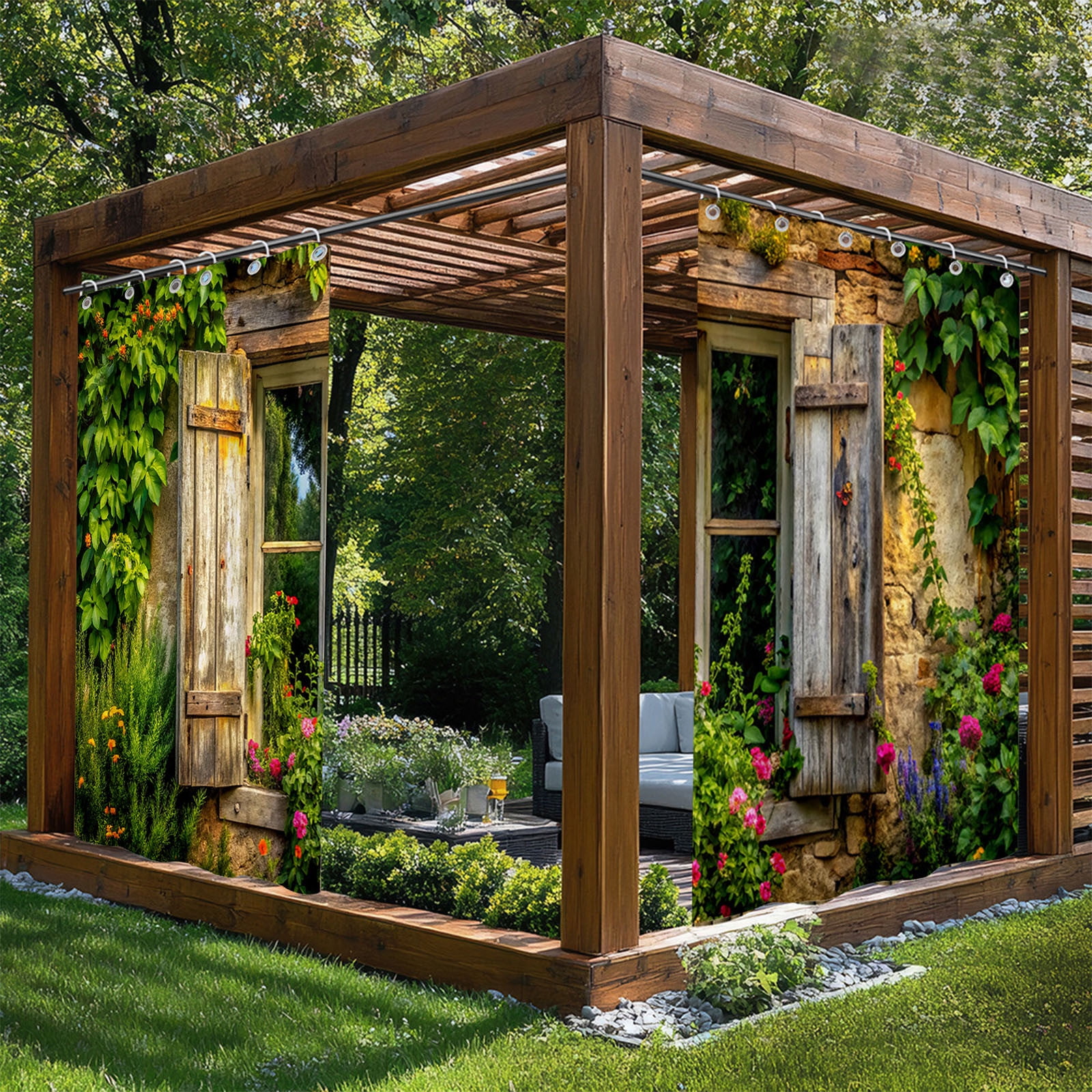 Colorful garden Waterproof Outdoor Curtains for Patio,Blooming Flowers Plants Print,Curtain for Bedroom, Porch, Living Room, Pergola, Cabana,2 Panel, 72x72 inch, Green Multicolor