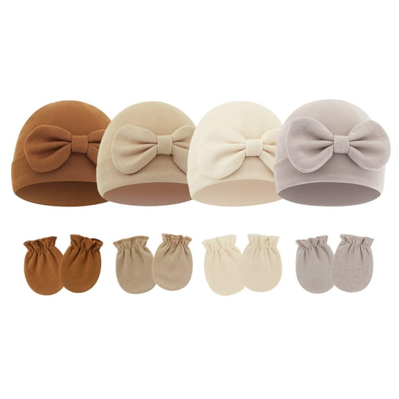 Happy Cherry Newborn Hats Mittens Set Baby Girls Hospital Cotton Hat Infant Bow Caps Toddler Boys No Gloves Mitten Preemie Beanie Cap for 0-6 Months