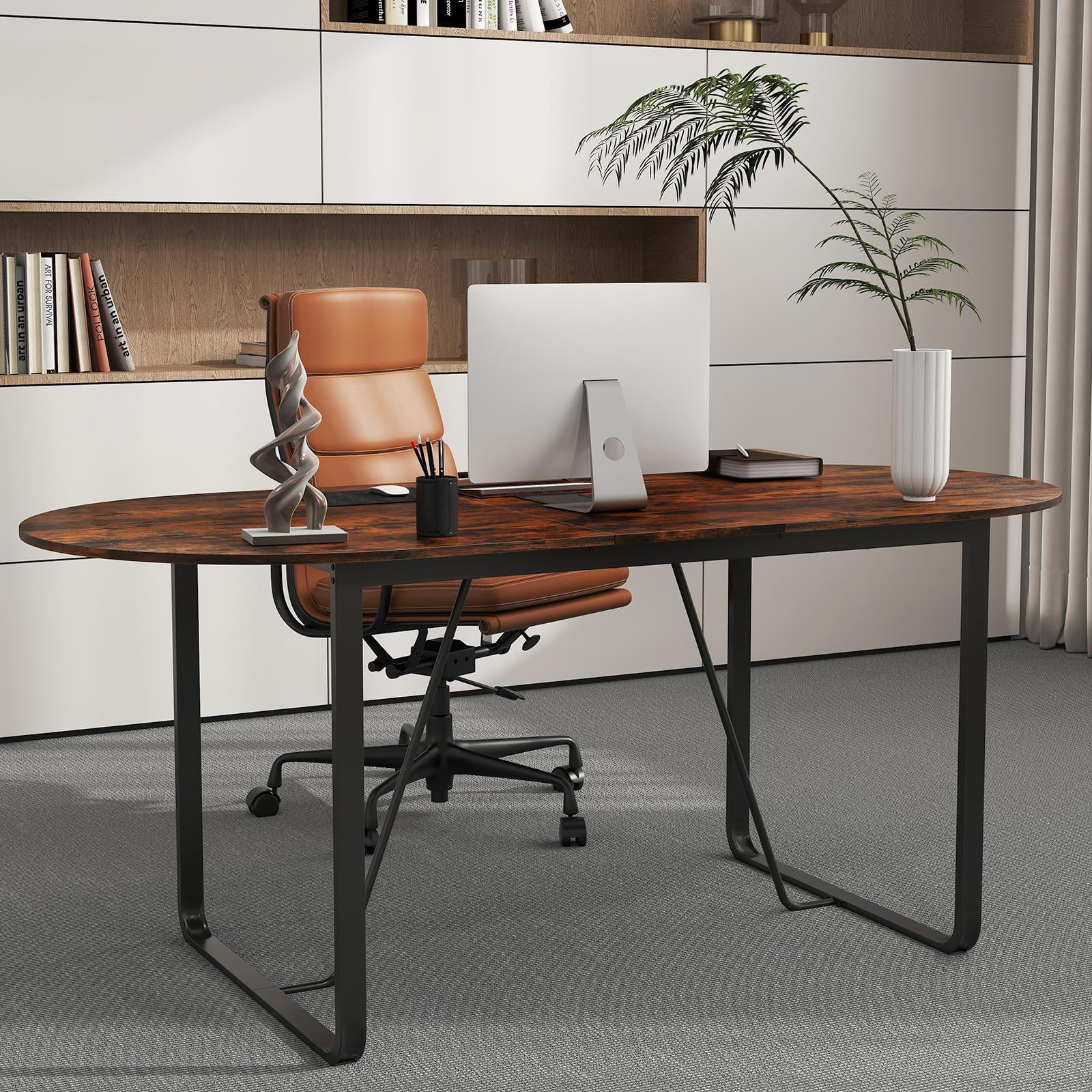 YYAo 71Inch Executive Gaming Desk with Cable Management Hole, Oval Computer Desk for Home Office, Living Room, Study Room, Bedroom, Rustic Brown