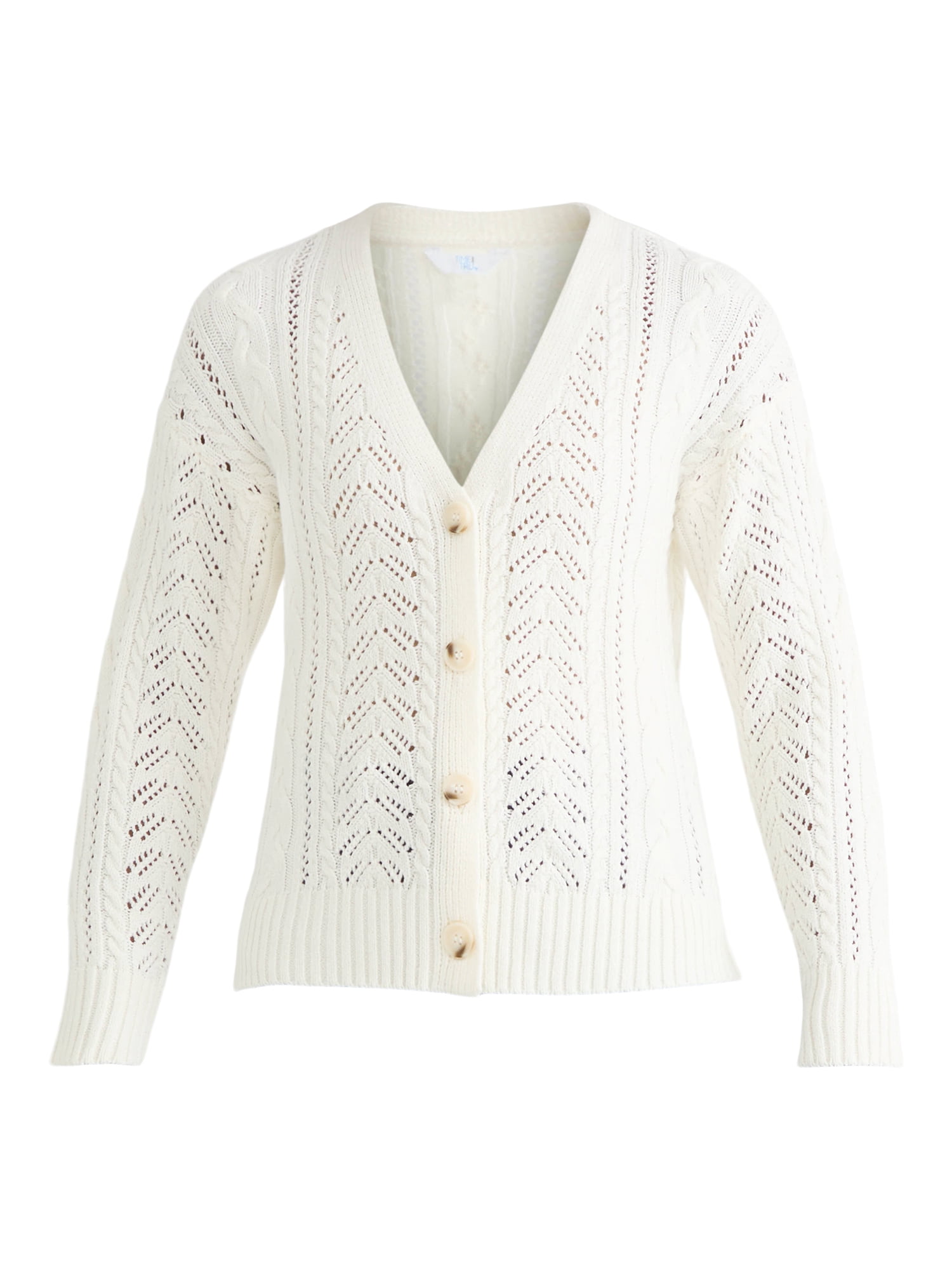 Time and Tru Women's and Women's Plus Cable Knit Cardigan Sweater, Lightweight, Sizes XS-4X