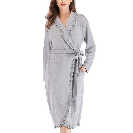 

ZZWXWB Robes For Women Women S Casual Winter Leng Bathrobe Solid Home Clothes Long Sleeve Dress Gray M ac344