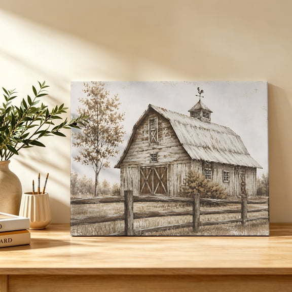 Vintage Farmhouse Canvas Wall Art, Rural Landscape Wooden Barn Rustic Roof Wall Art Prints Artwork Framed Canvas Ready to Hang Art Pictures for Study Living Dining Room Bedroom 20" x 16"