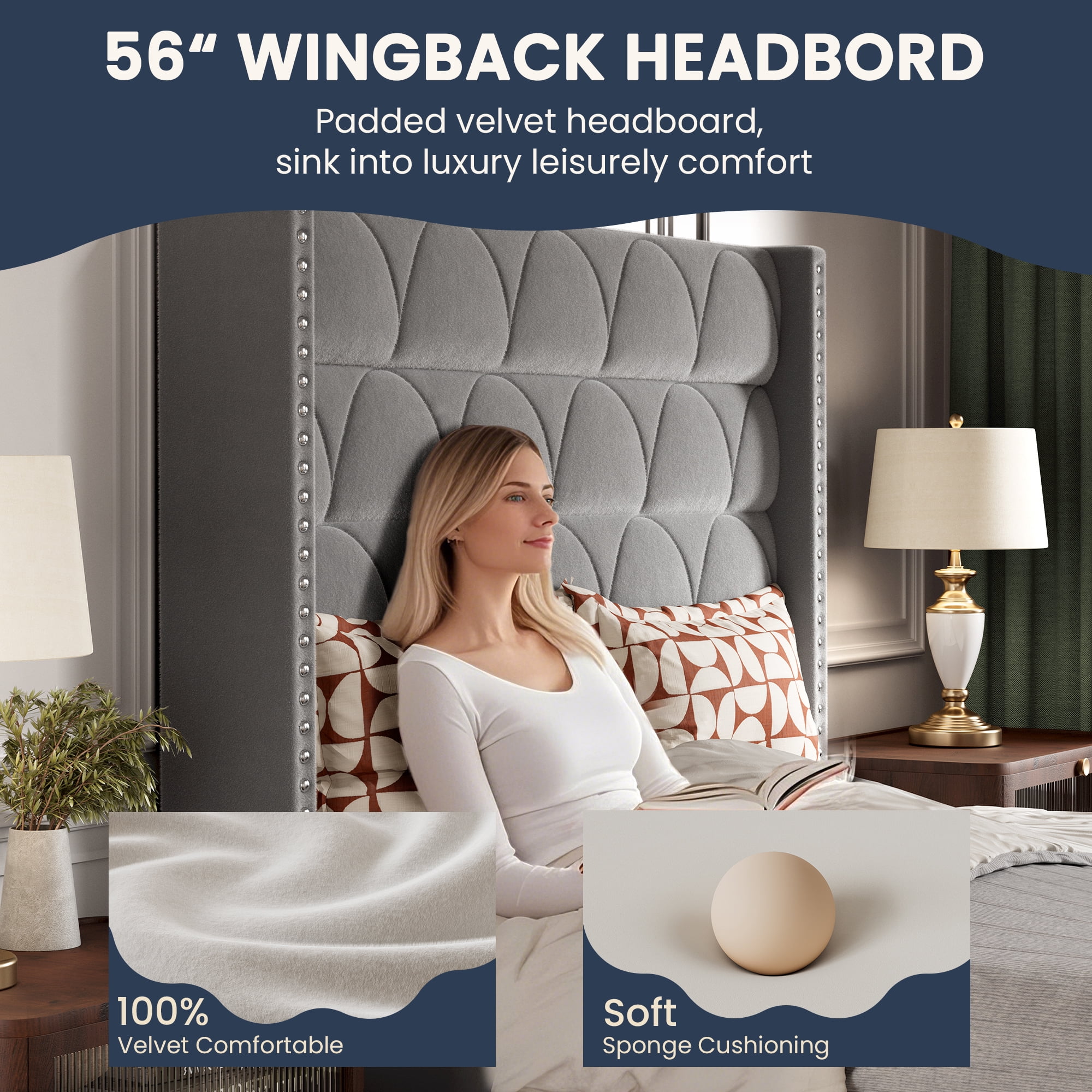 BrooveWave 56.3 in H Velvet Upholstered and Wingback Headboard Standard Bed Frame, Queen Beds with Nailhead Trim
