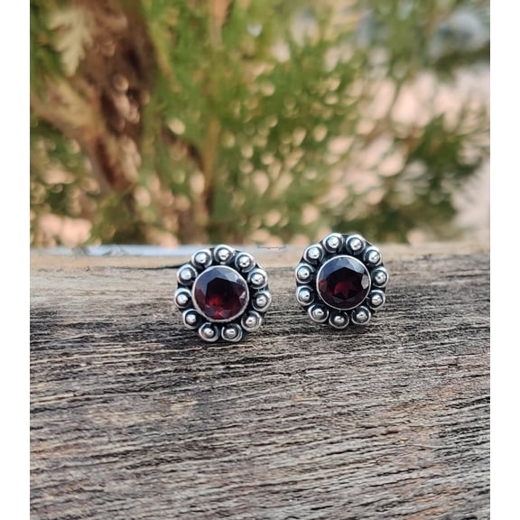 Red Garnet Stud Earrings – 925 Sterling Silver Natural Round Garnet Gemstone Studs for Women, Handmade Dainty Birthstone Jewelry, Elegant Gift for Birthday, Anniversary, Wedding