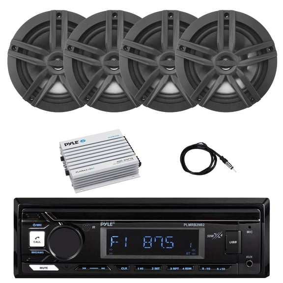 Pyle PLMRB29B2 Single DIN Marine Bluetooth MP3 Player Stereo Receiver, 4x 6.5" 180 Watt Max 2-Way Audio Speakers, Bluetooth Amplifier, Antenna
