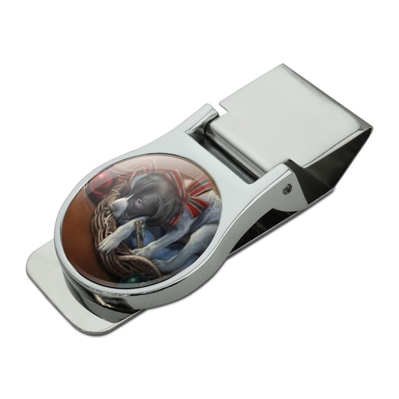 Sleepy Christmas Holiday Puppy Dog Satin Chrome Plated Metal Money Clip