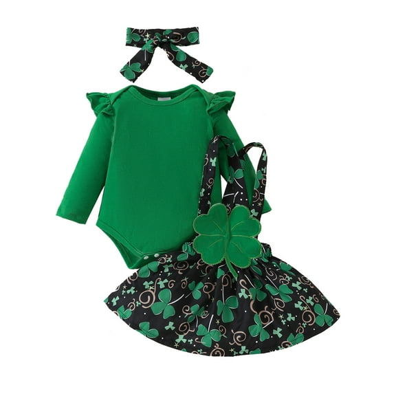 Newborn Baby Girl St. Patrick's Day Outfits Ruffle Long Sleeve Romper Lucky Clover Suspender Dress 3 6 9 12 18 Months Spring Clothes