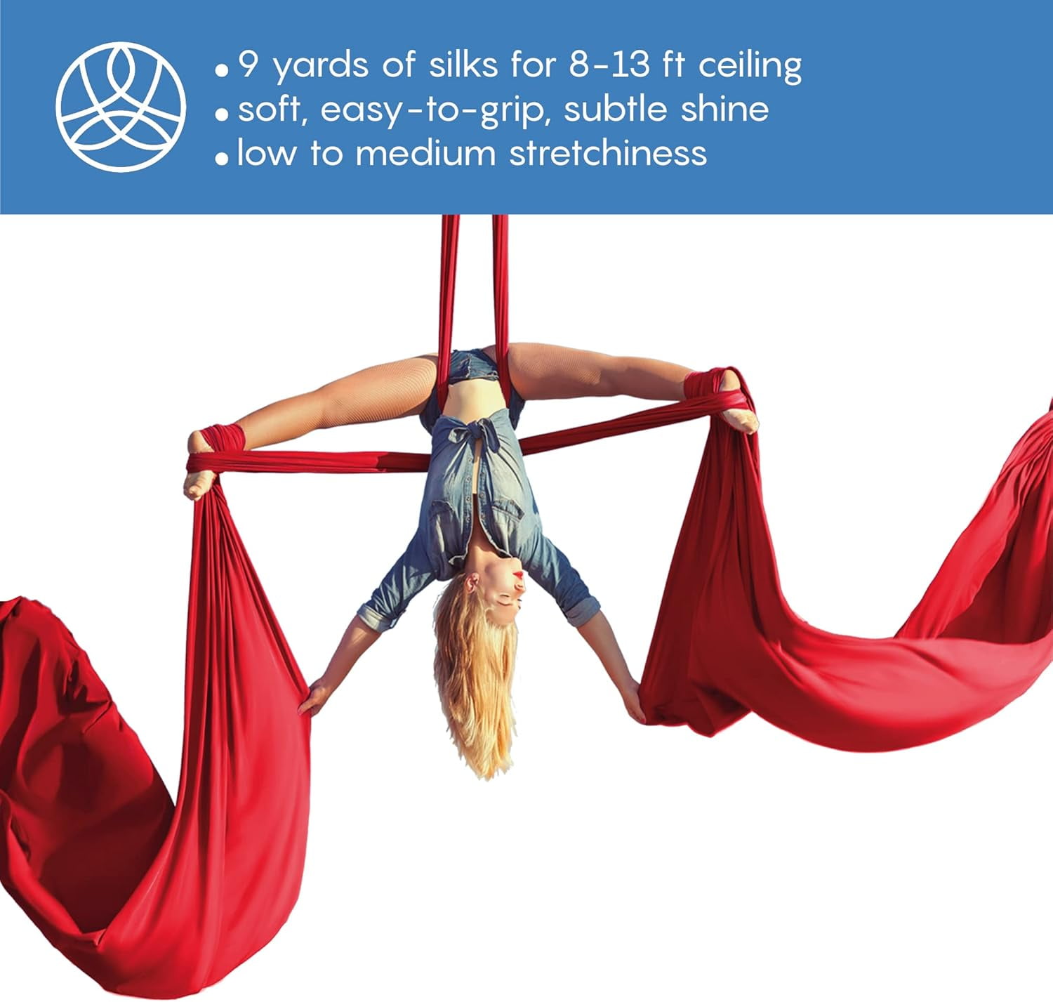 Aum Active Aerial Silks Yoga Sling Hammock Starter Kit - Tricot Fabric, 9 yd, Red