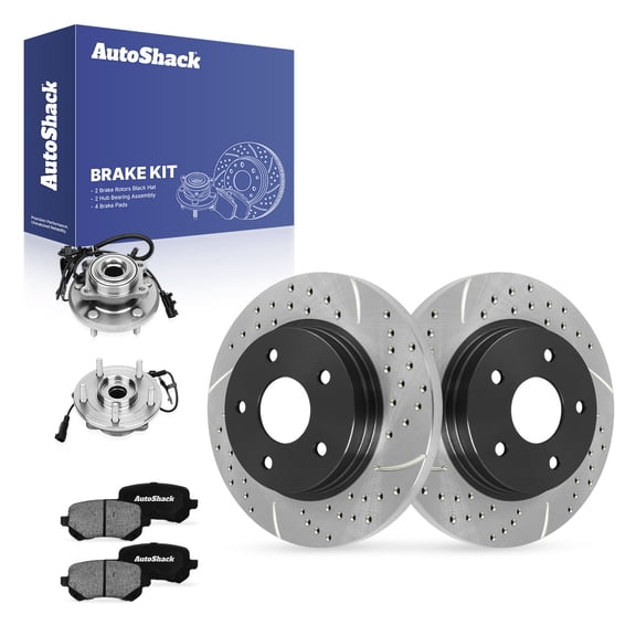 AutoShack Rear Solid Drilled & Slotted E-Coated Brake Rotors   Ceramic Pads   Hub Bearing Assembly 8-PC Brake Kit Replacement for 2009-2012 Dodge Journey ShadowGuard 12" (304.9 mm)