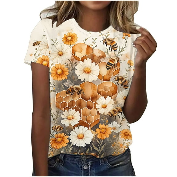 Womens Cute Honeybee Graphic Tee Shirts Short Sleeve Beekeeper Funny Summer Casual Tops Festival Clothes Yellow, XXXL