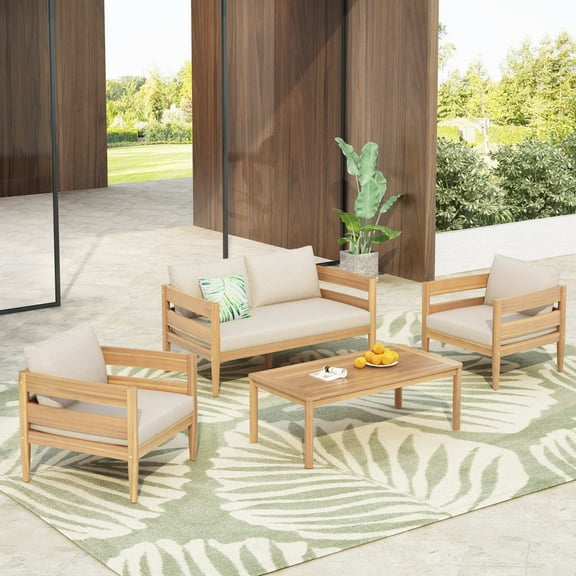 Christopher Knight Home 4-Piece Outdoor Chat Set with Slatted Loveseat, Chairs & Coffee Table, Beige Cushions