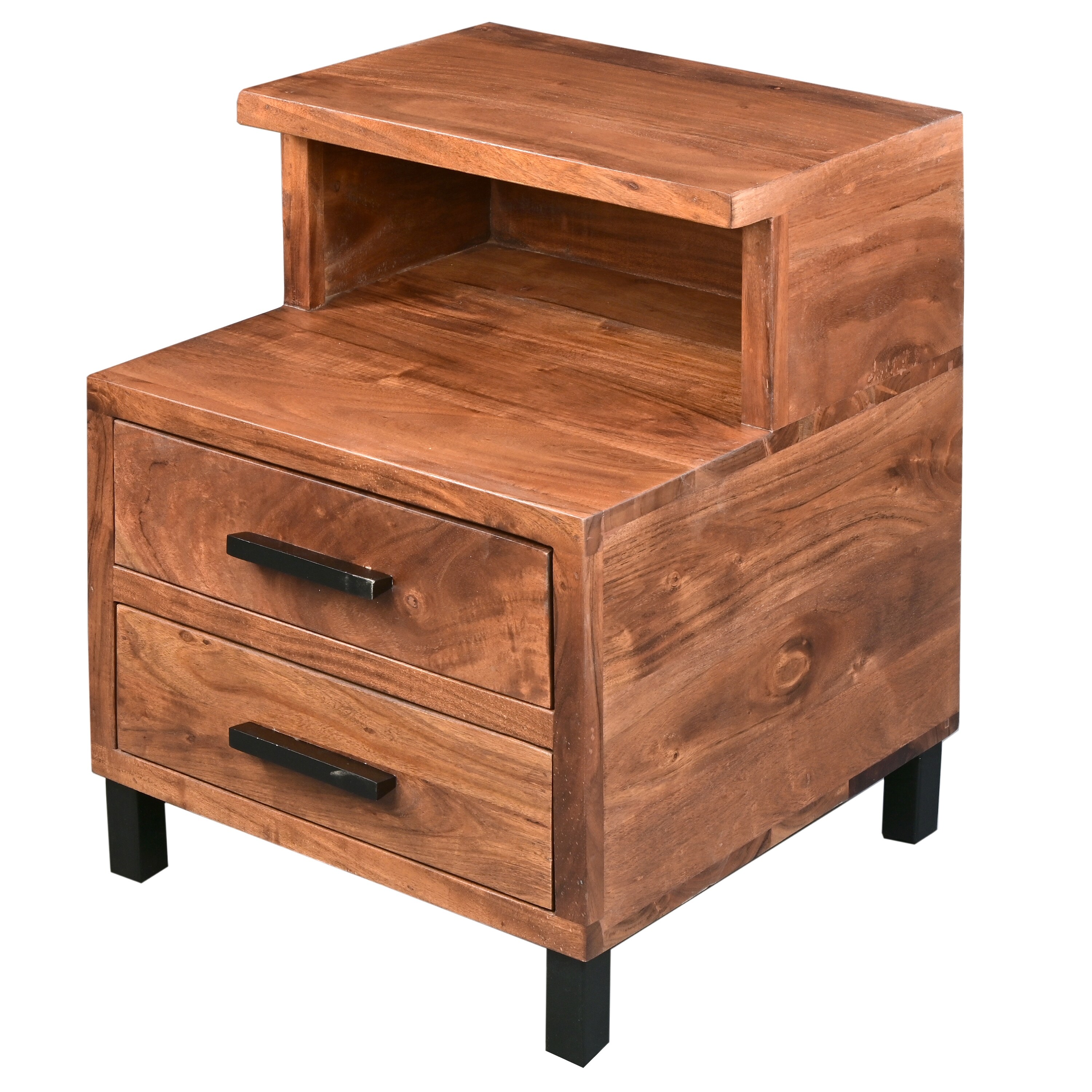 22 Inch Acacia Wood Nightstand, Bedside Table with 2 Drawers and Open Cubby, Walnut Brown - image 3 of 5