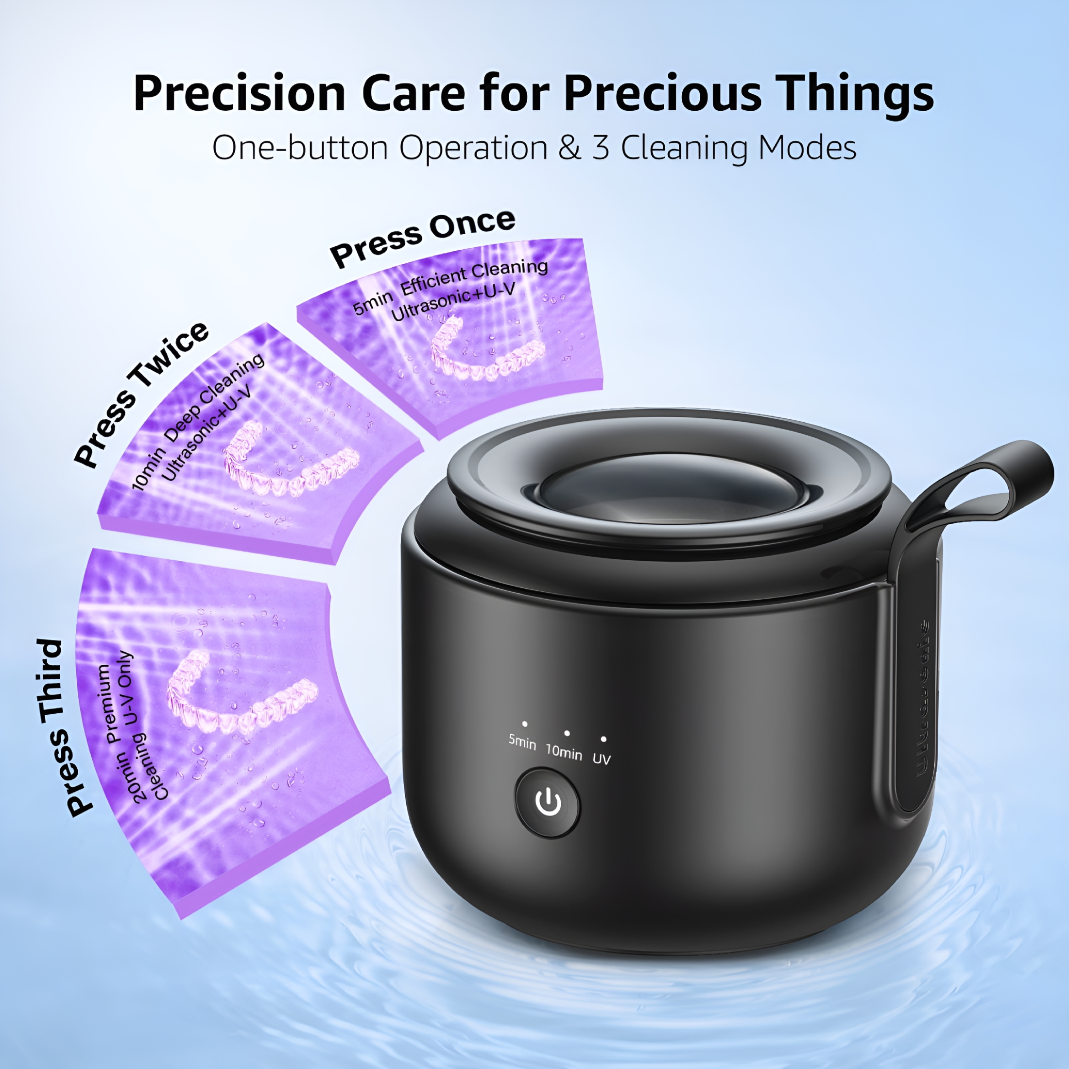 CURYMAY Ultrasonic Cleaner, 48kHz Rechargeable Cordless Jewelry Denture Cleaner Machine, 200ML Cleaning Pod for Jewelry, Rings, Glasses, Mouth Guard, Waterproof UV Cleaner with Digital Timer