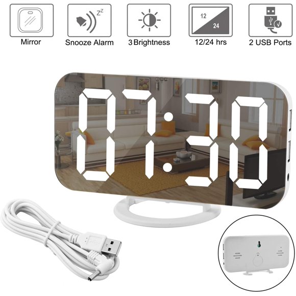 Réveil Numérique à Grand Affichage, Réveils Électriques à DEL avec Surface Miroir pour Maquillage avec Mode de Gradation, 3 Niveaux de Luminosité, Doubles Ports USB Décoration Moderne pour Décoration de Chambre à la Maison - Blanc