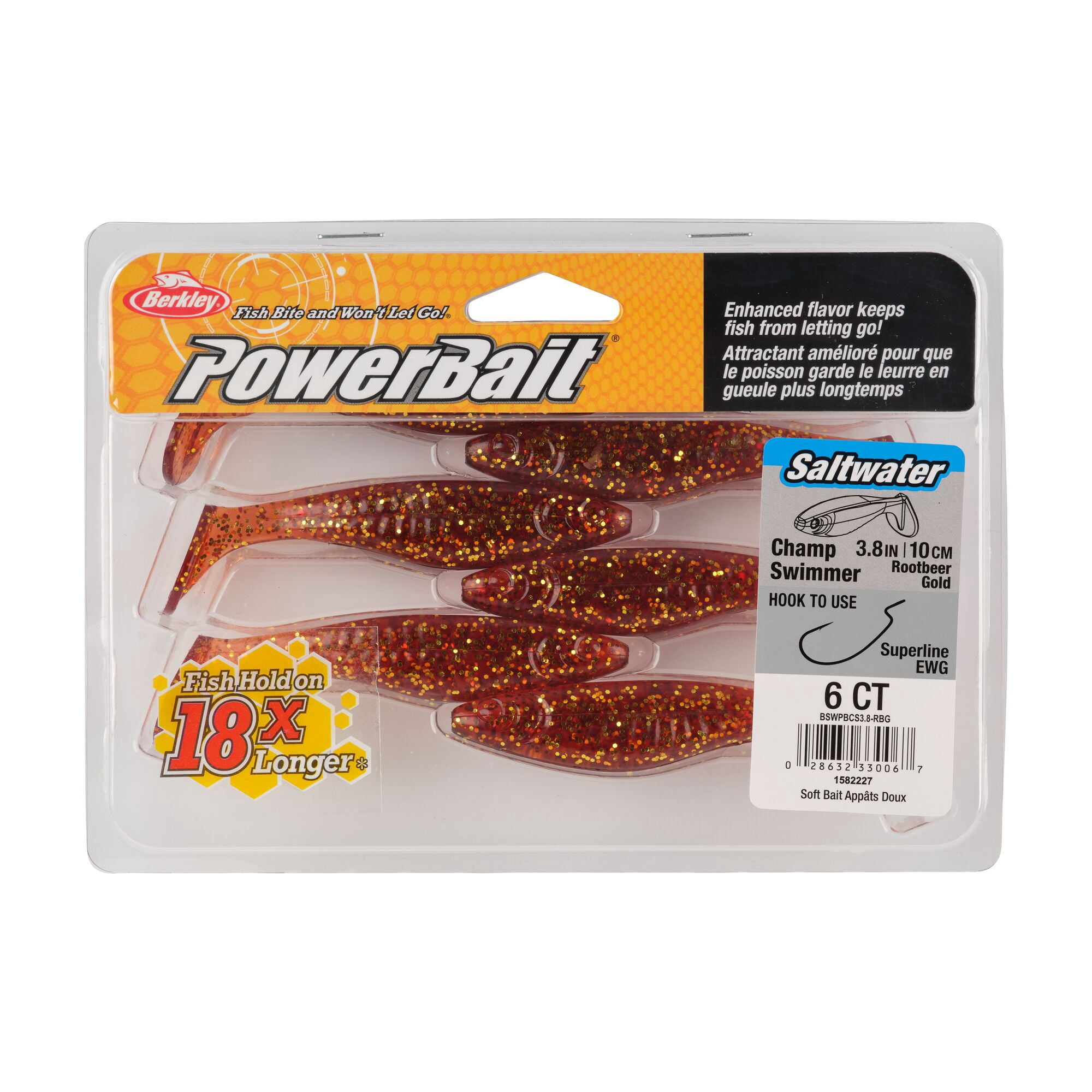 Berkley PowerBait® Saltwater The Champ Swimmer, 3.8 in, Swimbaits, Root Beer Gold (6-count)