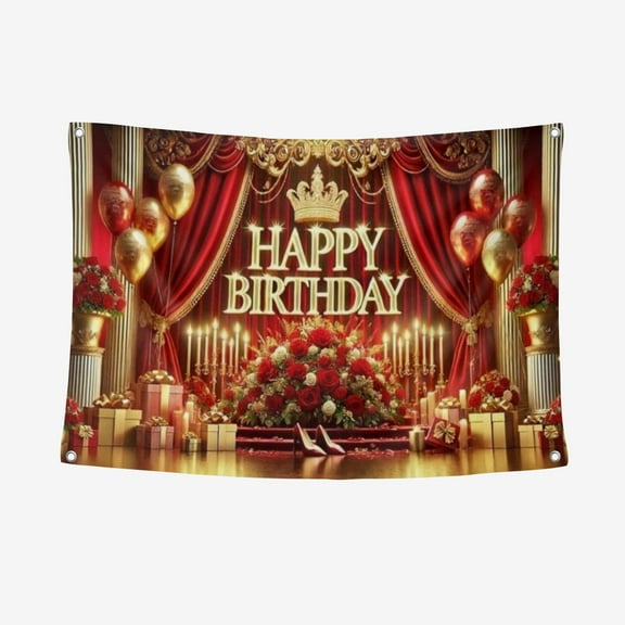 1pc Polyester Cloth Happy Birthday Banner - Elegant Red And Gold Crown, Rose, And Balloons Party Backdrop - No Power Needed Celebration Decor, Great For Photography