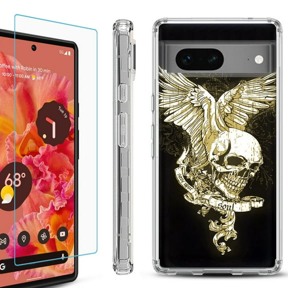 Shockproof Bumper Phone Case for Google Pixel 7, with Tempered Glass Screen Protector, by OneToughShield ® - Wing Skull