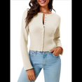 thumbnail image 3 of Suéteres Cortos para Mujer, con Botones, Larga, Cuello en V, Punto Acanalado, Corte Ajustado, Tops Cortos Albaricoque M, 3 of 10