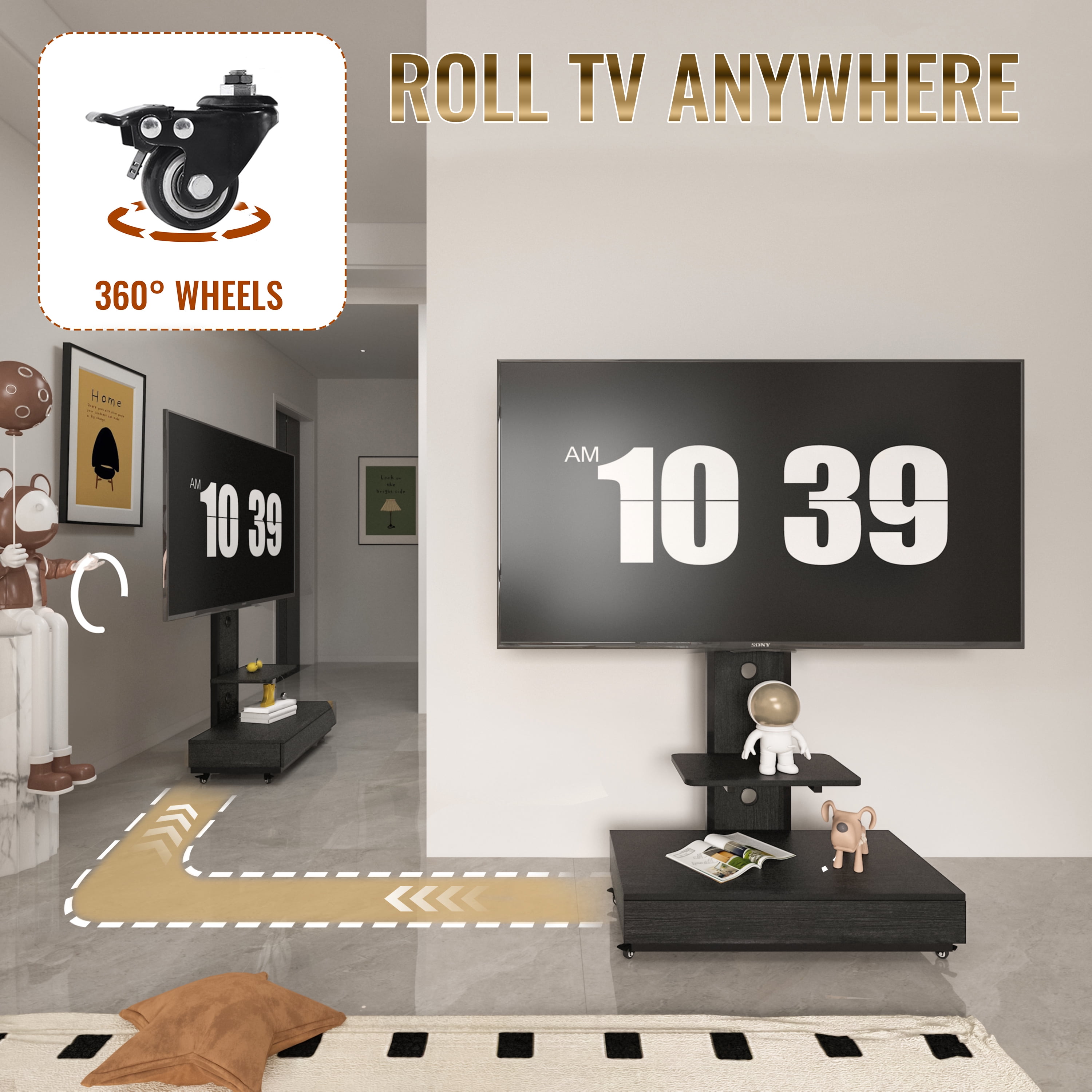 Homy Casa Mobile TV Stand for 32-75 Inch TVs with Wheels, Swivel Adjustable Height Storage Shelf and Drawer