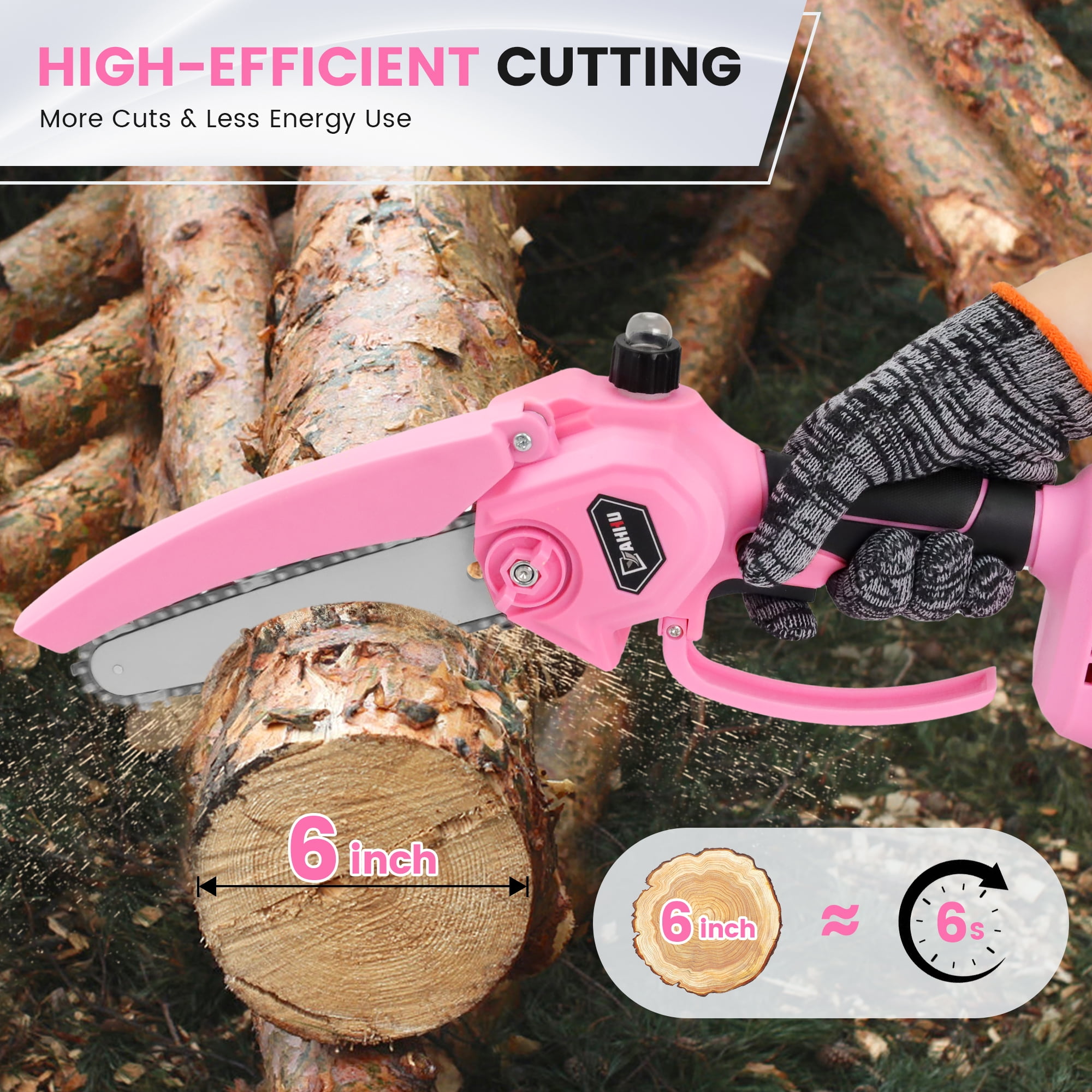 YAHHU 6 inch Mini Chainsaw Set with Oiler System & 21V Battery, Cordless Electric Chainsaw, Pink,New