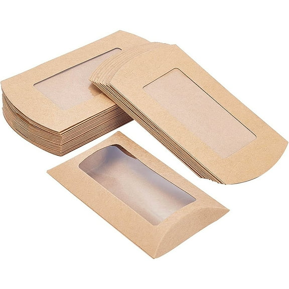 30pcs Kraft Paper Pillow box with Clear Window for Wedding Favors Shower Birthday Party Supplies Sandy Brown.