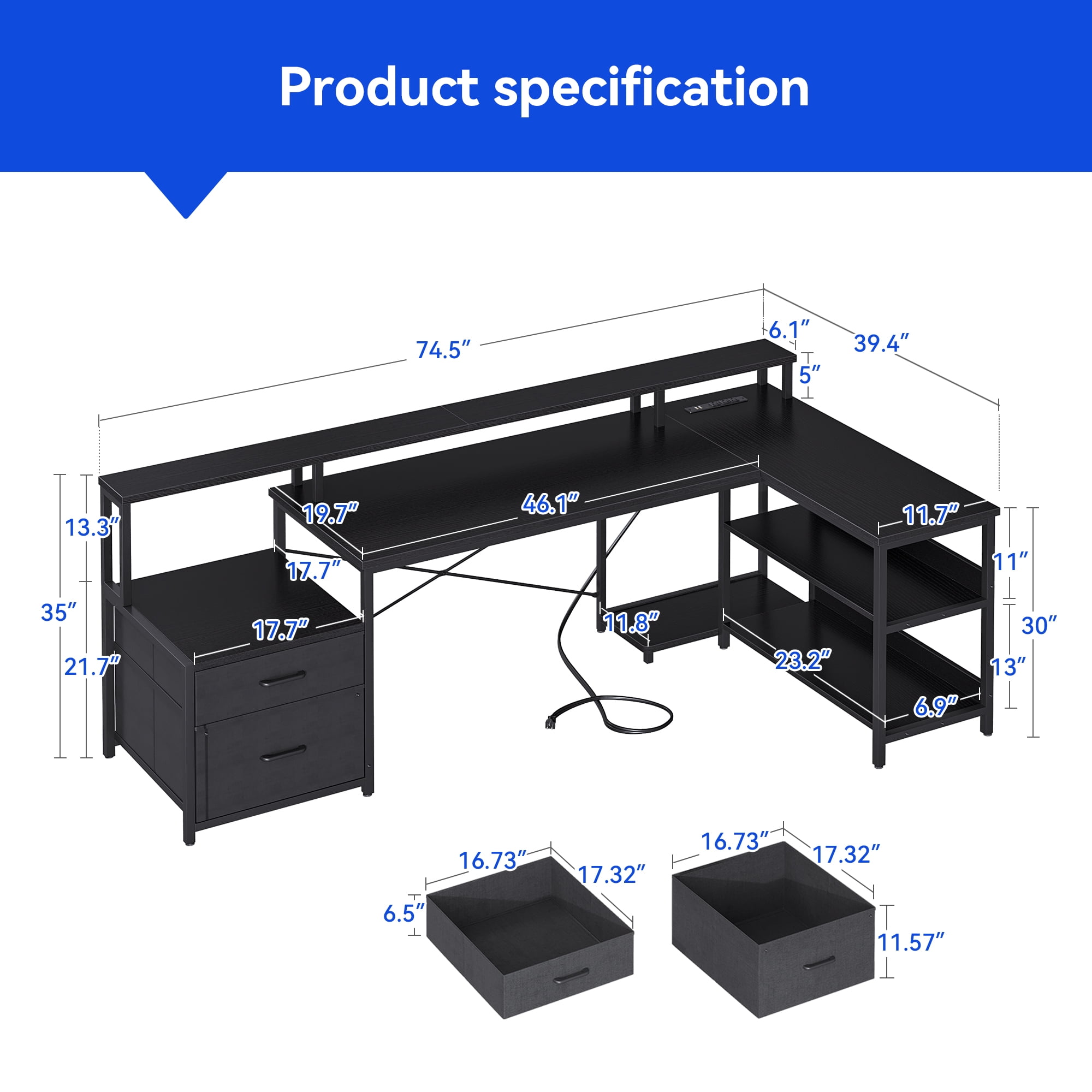 Casacomoda 75 inch L Shaped Desk with Power Outlets,Gaming Desk with Monitor Shelf,Computer Desk with File Drawer,Home Office Desk with Printer Stand & Storage Shelves,Corner Desk,Black