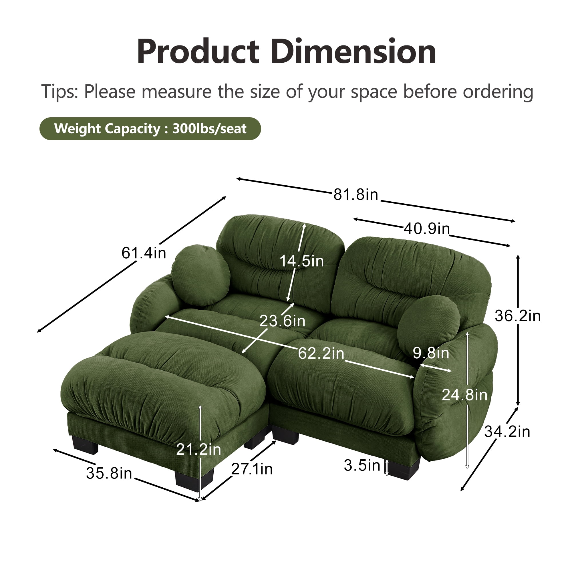 81" L Shape 2 Seater Sectional Couch Cozy Chenille Modular Sofa with Ottoman and 2 Throw Pillows