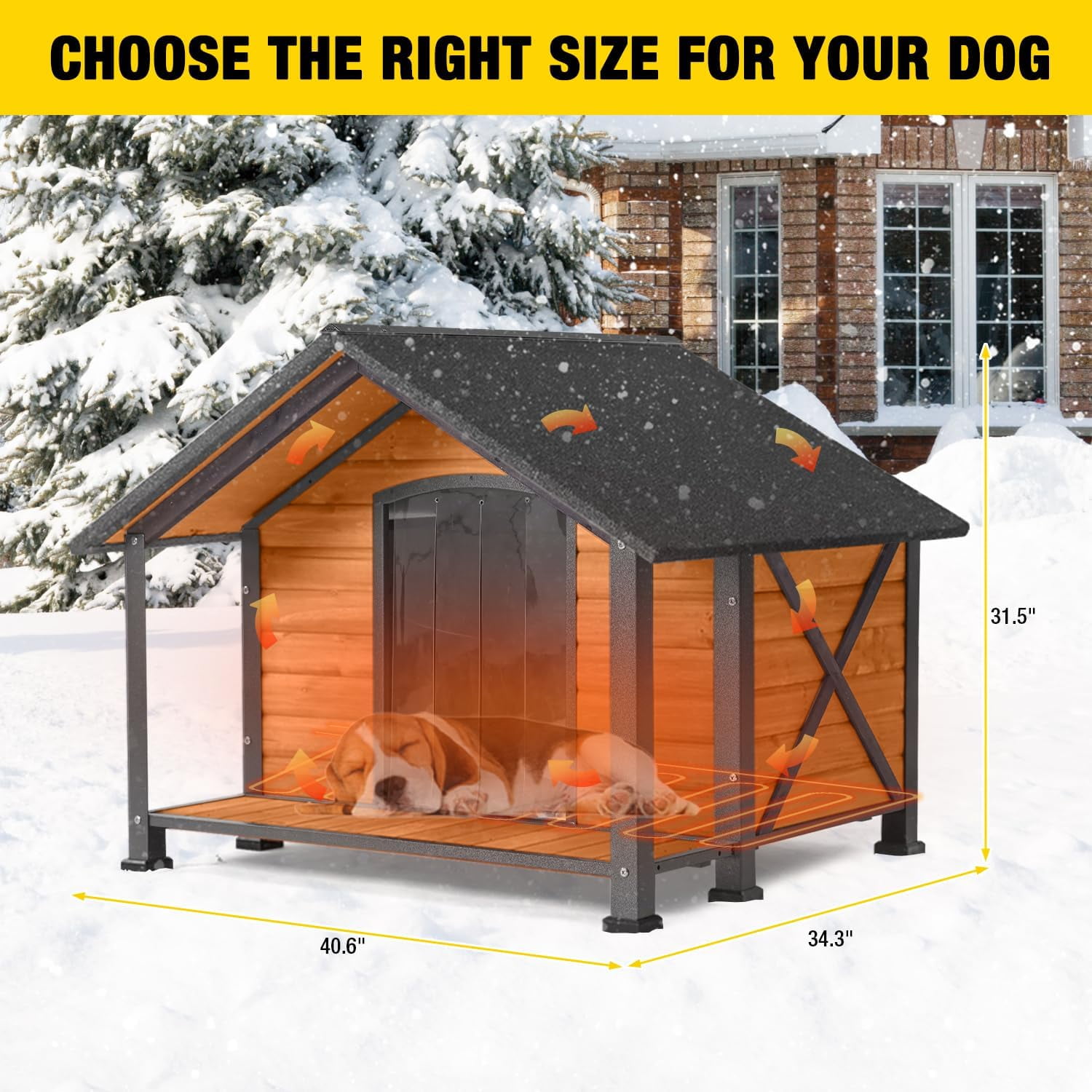 AIVITUVIN Heated Outdoor Dog House - Weatherproof Insulated Wooden Shelter with Iron Frame, Large Porch for Medium & Large Dogs, Indoor/Outdoor Kennel