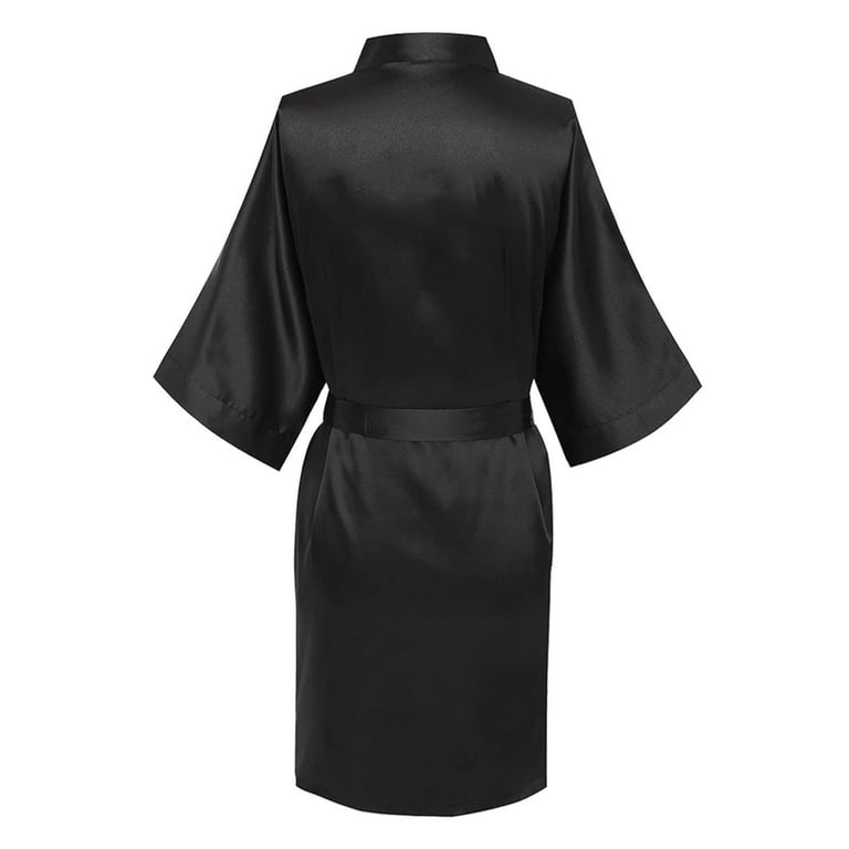 Feancey Silk Kimono Robes for Women Short Bathrobe Soft Satin Nightdress Cozy Bridesmaid Weddding Party Dressing Gown Sleepwear with Belt Black M