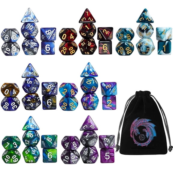 SWAJUJA DND Dice Set 49PCS, 7 Polyhedral Dice Sets with Dragon Pattern Velvet Dice Bags for Dungeons & Dragons RPG Tabletop Role Playing Games