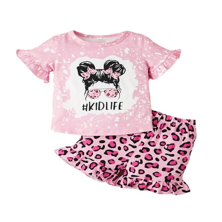 

HIBRO Kids Toddler Baby Girls Spring Summer Print Cotton Short Sleeve Leopard Shorts Set Clothes Toddler Scrunchy Baby Girl Twin Outfit