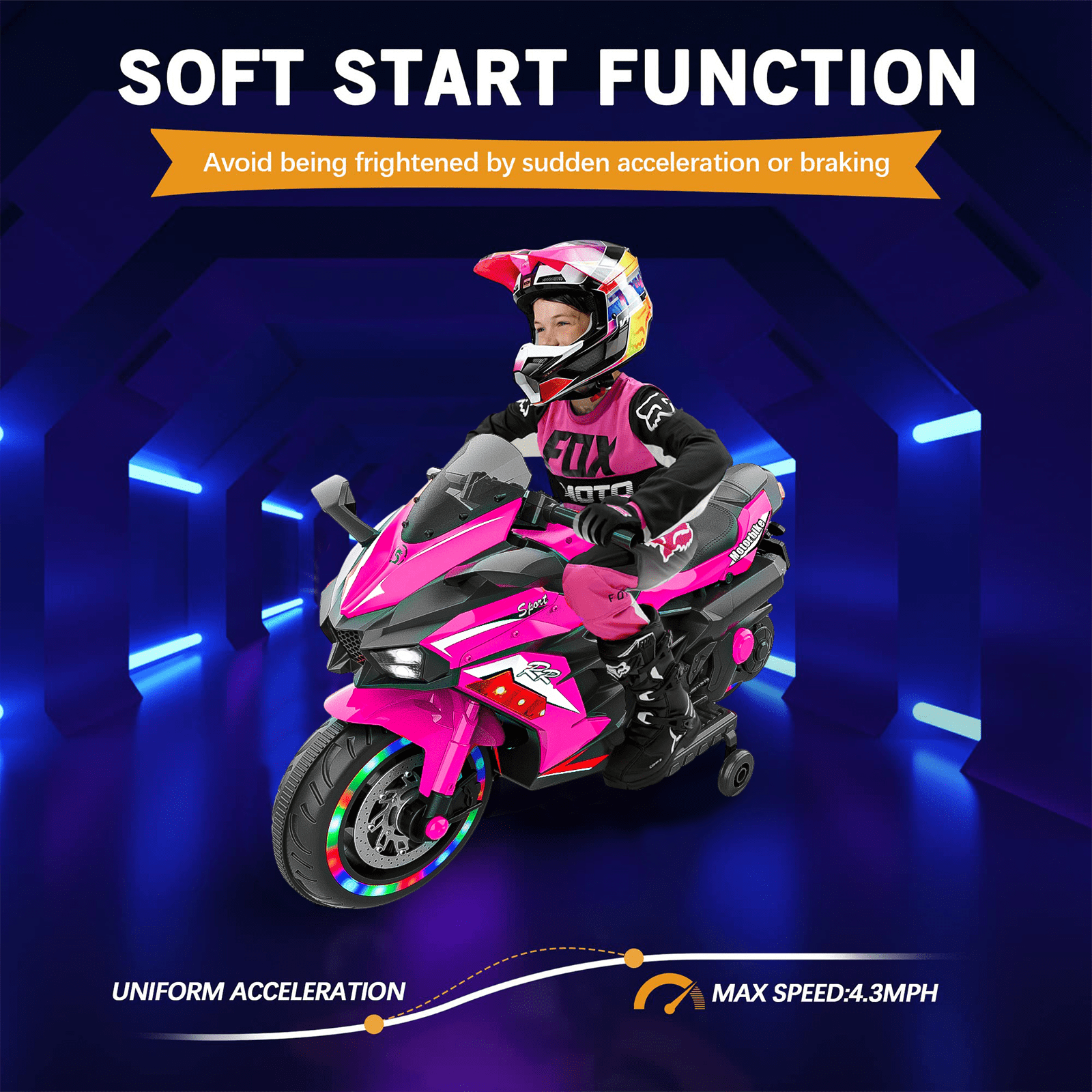 TaTee 12V Kids Electric Motorcycle, Battery Powered Ride-On Toy with Training Wheels for Boys & Girls Ages 3-6, Bluetooth Music & LED Lights, Pink